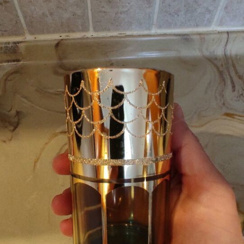 Vintage set of 6 tall glasses with gold patina and embossed designs, Made in Corea
