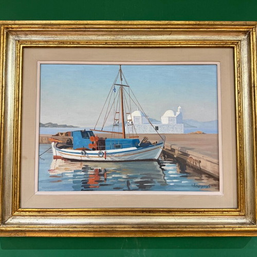 Oil painting by I. Sergoulopoulos used, framed, Aegina - Agios Nikolaos harbor