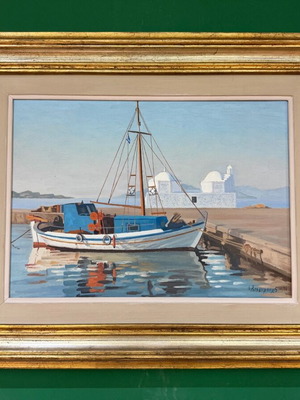 Oil painting by I. Sergoulopoulos used, framed, Aegina - Agios Nikolaos harbor