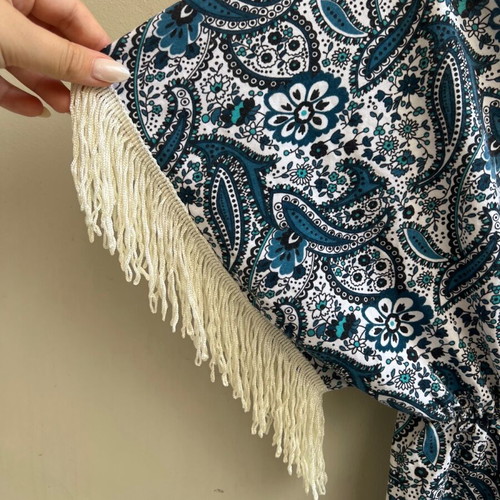 Blouse dress with blue paisley and white fringes like new, size S