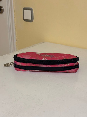 Polo double pencil case fuchsia with floral and glitter designs, used