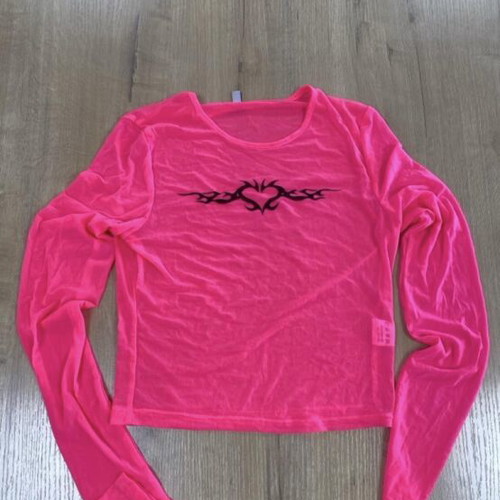 IAMGIA pink mesh crop top with black tribal graphic