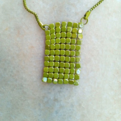 Vintage green metal mesh necklace with rectangular pendant