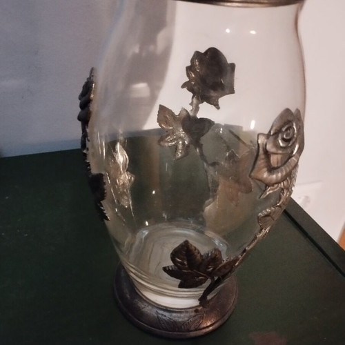 Vintage decorative vase with embossed roses tin/alpaca, 24cm