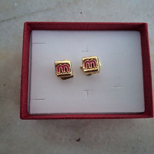 Gold Color Earrings with Letter M and Strass, Vintage Design, New