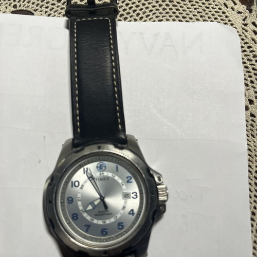 Timex Expedition Shock Resistant men's watch used, silver dial, leather strap