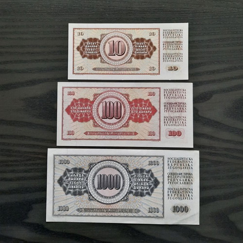 Set of 3 Yugoslavia 1981 banknotes like new (10, 100, 1000 dinars)