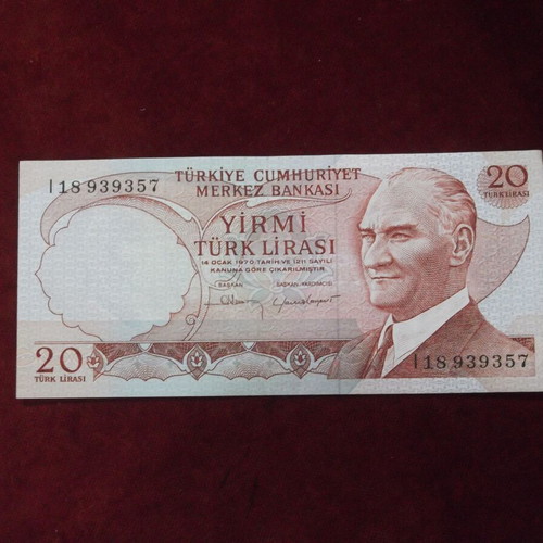 Turkey 20 Lirasi 1970 banknote new, Mustafa Kemal Atatürk
