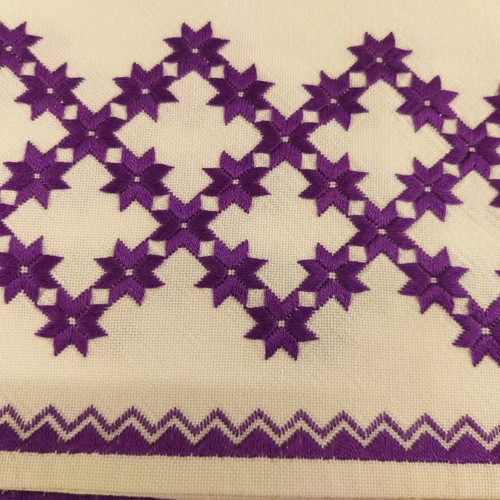 Handicrafts used, set of three table linens with purple star pattern
