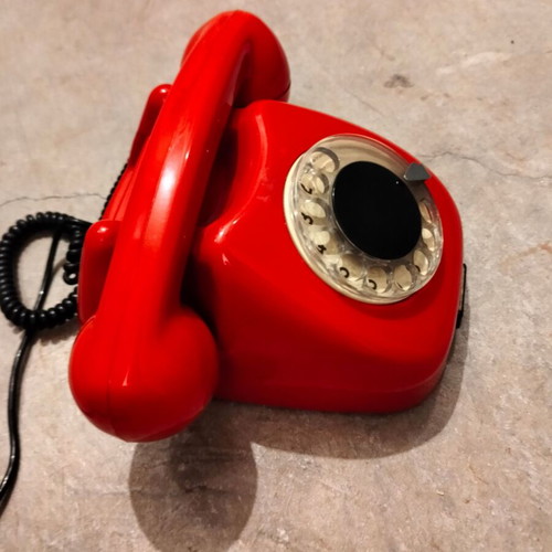 Tesla red analog rotary phone used, vintage 1973