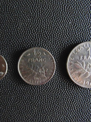 Set of 3 French coins used 1C 1970, 1/2 Franc 1965, 1 Franc 1960