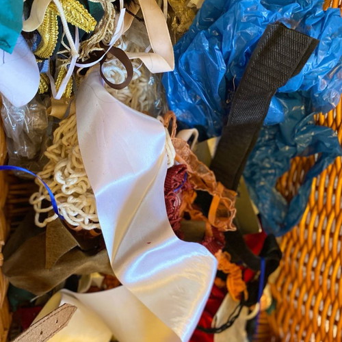 Basket with used sewing materials, Fortnum & Mason London