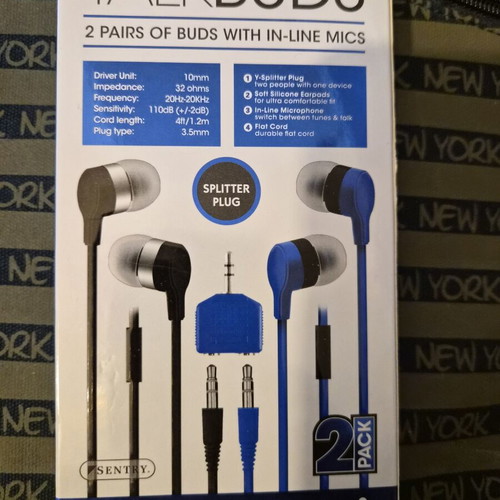 Sentry TalkBuds 2-Pack earbuds with microphone and splitter plug new