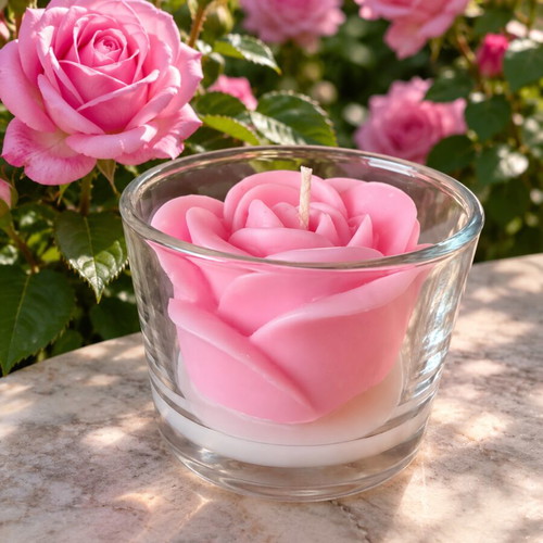 Handmade scented rose candle in glass