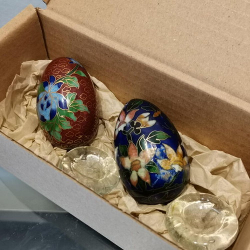 Cloisonne egg set used with enamel, burgundy and blue colors