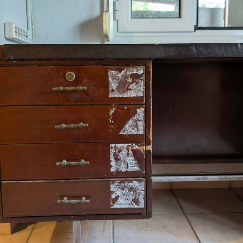 1970 Varagkis large executive desk, dark wood veneer
