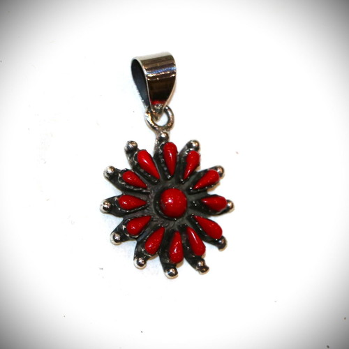 Pendant necklace with raw red coral and 925 sterling silver Navajo Indian