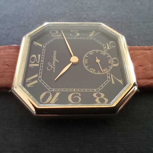 Vintage Longines Octagon watch from the 1970s like new, gold and black