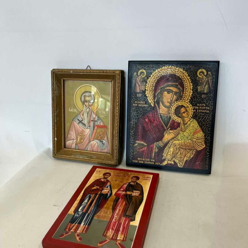 Set of 3 printed religious icons, 17 & 19x15 cm