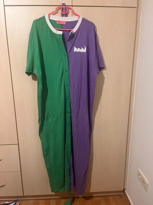 Karavan cotton dress SS23, long, one size, green and purple with chest print and two-tone belt
