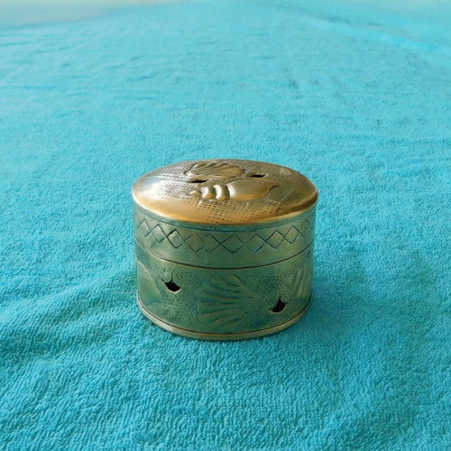 Bronze perforated box with embossed floral designs, vintage, used