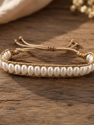Handmade bracelet with oval pearls adjustable cord, new