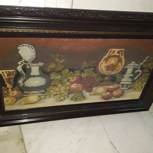 Antique frame with handmade fruit embroidery like new