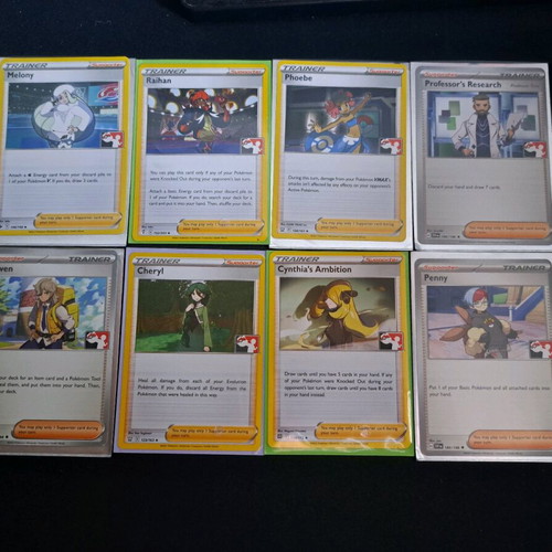 Pokemon Trainer Cards used, Melony Raihan Phoebe Arven Cheryl Cynthia Penny Professor's Research