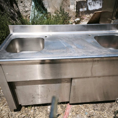 Stainless Steel Sink Counter with Two Basins and Storage