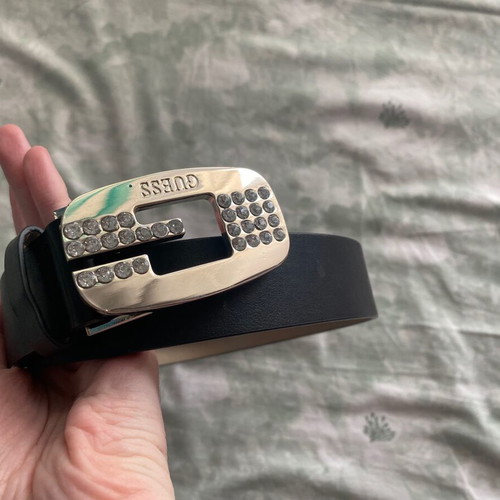 Guess black belt with metal buckle and rhinestones, synthetic leather