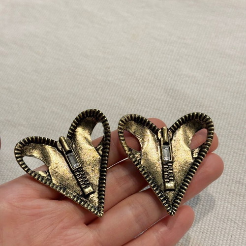 Vintage Style Bronze Large Heart Zipper Clip On Earring new