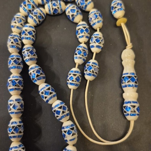 Komboloi new, bone, ebony and blue acrylic beads, 29 beads