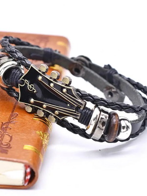 Men's leather bracelet electric guitar with steel clasp new