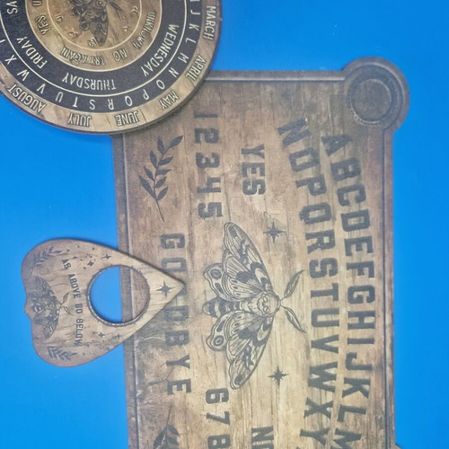 Ouija set wooden spirit board like new, vintage gothic occult design