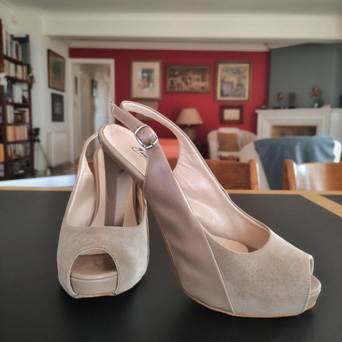 Beige peep toe slingback high heel pumps like new