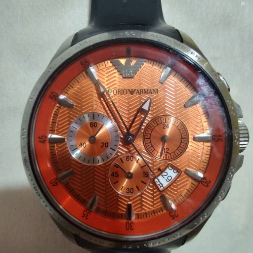 Emporio Armani men's chronograph watch with orange dial and silicone strap