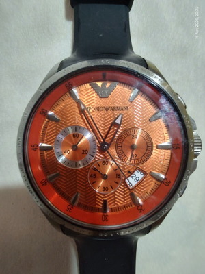 Emporio Armani men's chronograph watch with orange dial and silicone strap