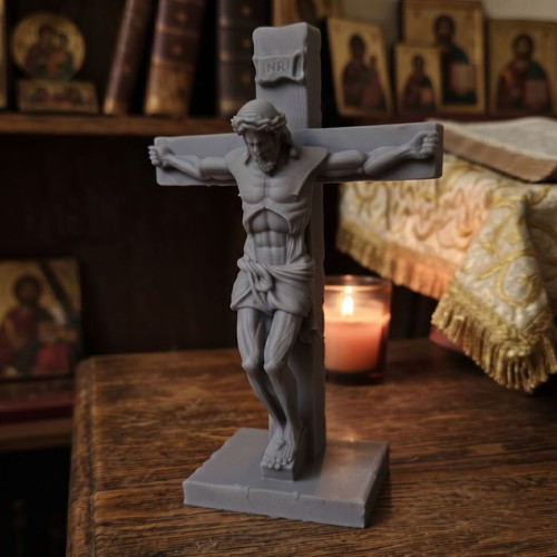 3D Printed Crucifix with Jesus figure, decorative, grey
