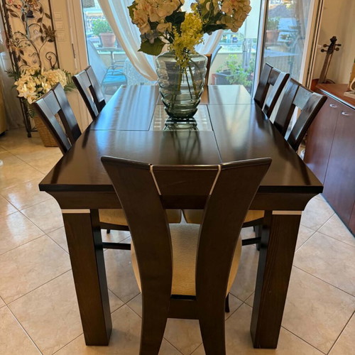 Dining set with 6 chairs, dark brown solid wood, extendable