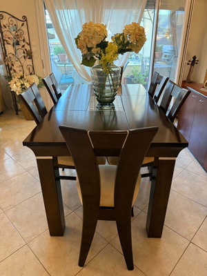 Dining set with 6 chairs, dark brown solid wood, extendable