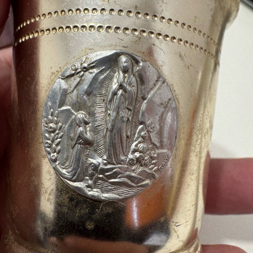 Small religious shot glass with Our Lady of Lourdes like new