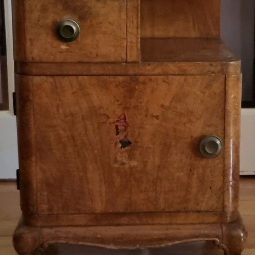 Vintage Art Deco nightstands used, walnut veneer, set of two