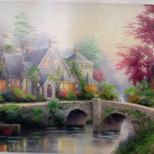 Painting 80x60 cm like new, village houses by the lake with bridge