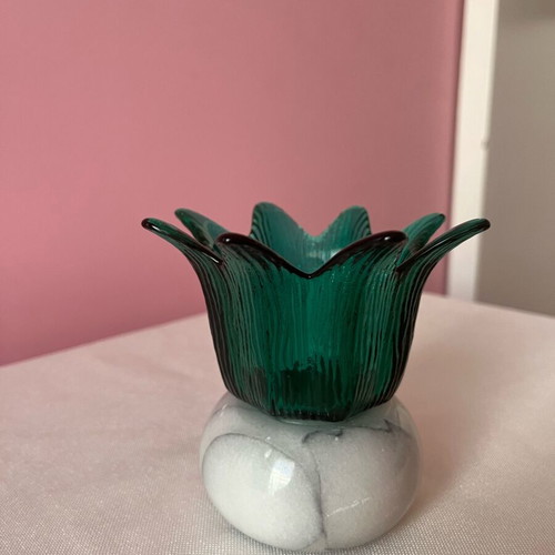 Vintage tulip candleholder & vase like new, green glass with marble base