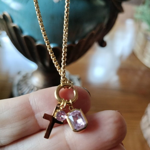 Stainless Steel Gold Necklace with Cross and Pink Crystals new