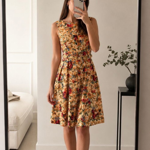 Lindy Bop Floral 50s Dress like new, cotton, beige multicolor, UK10