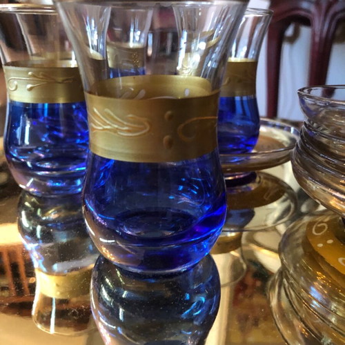 Tea glasses new, set of 6 blue with gold