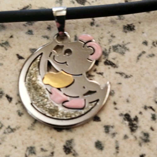 Pendant with enamel and K18 gold on rubber cord like new, steel