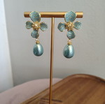 Gold earrings with zircon, turquoise and pearls