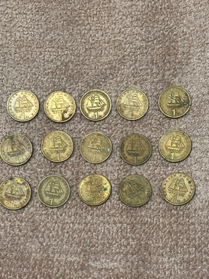 Collectible Greek 1 Drachma coins used, set of 15 pieces
